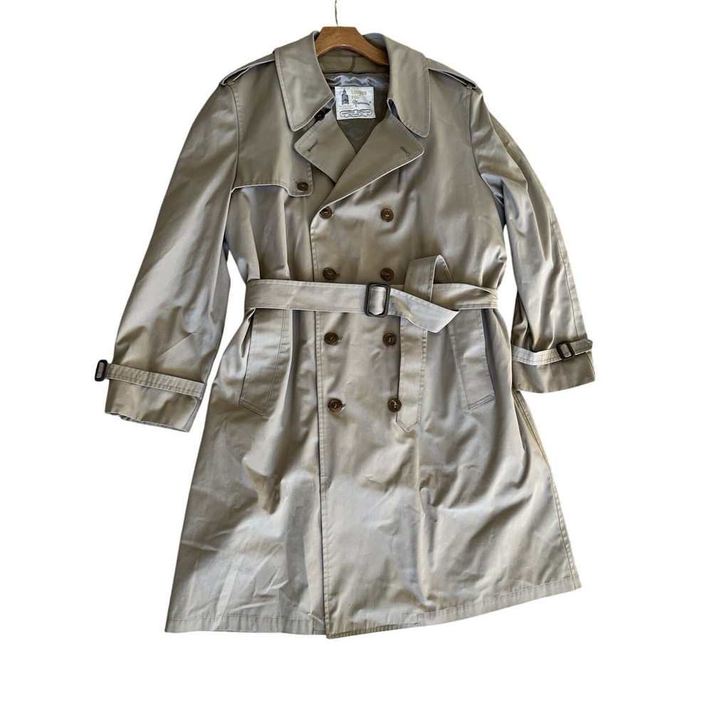 VTG 70s London Fog Double Breasted Belted Tan Lined Trench Coat‎ Size 44